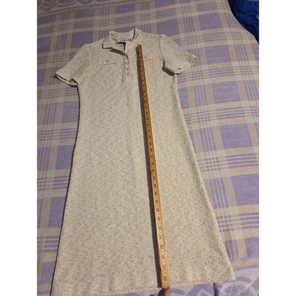 Vintage 70's Leslie Fay LF Petite Tan Short Sleeve Dress 12 Button 60s 80s - Picture 8 of 13